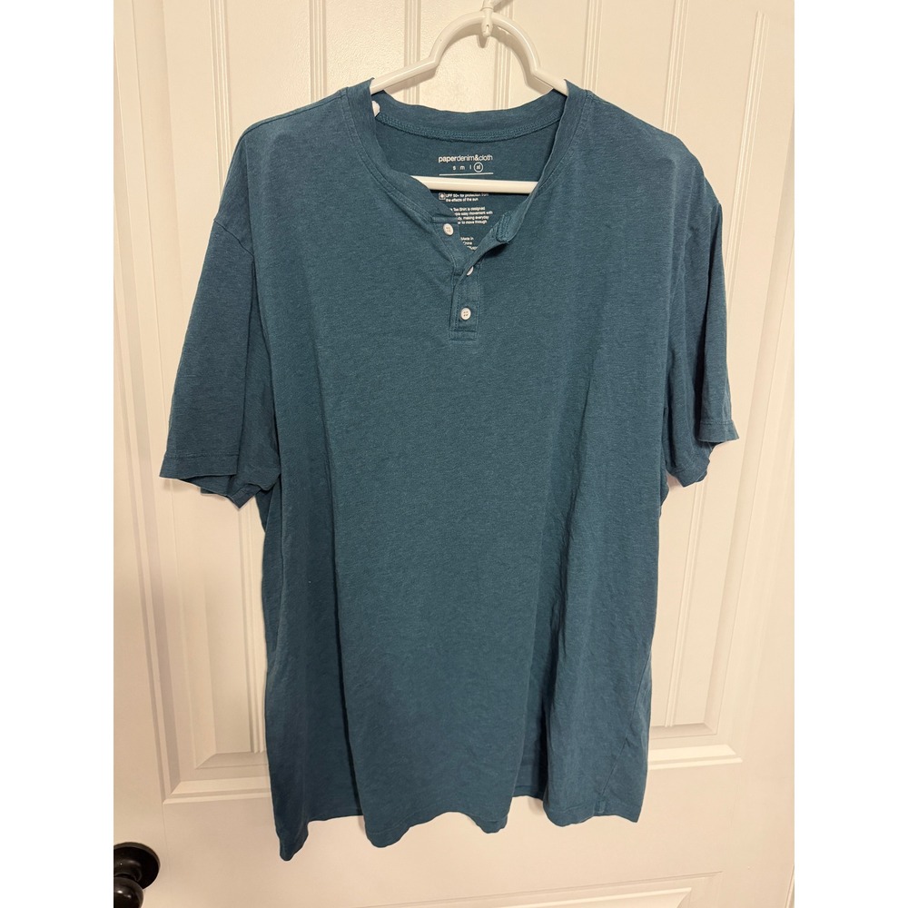 Paperdenim&cloth Henley Shirt Mens XL Teal Blue Short Sleeve Cotton Stretch Tee
